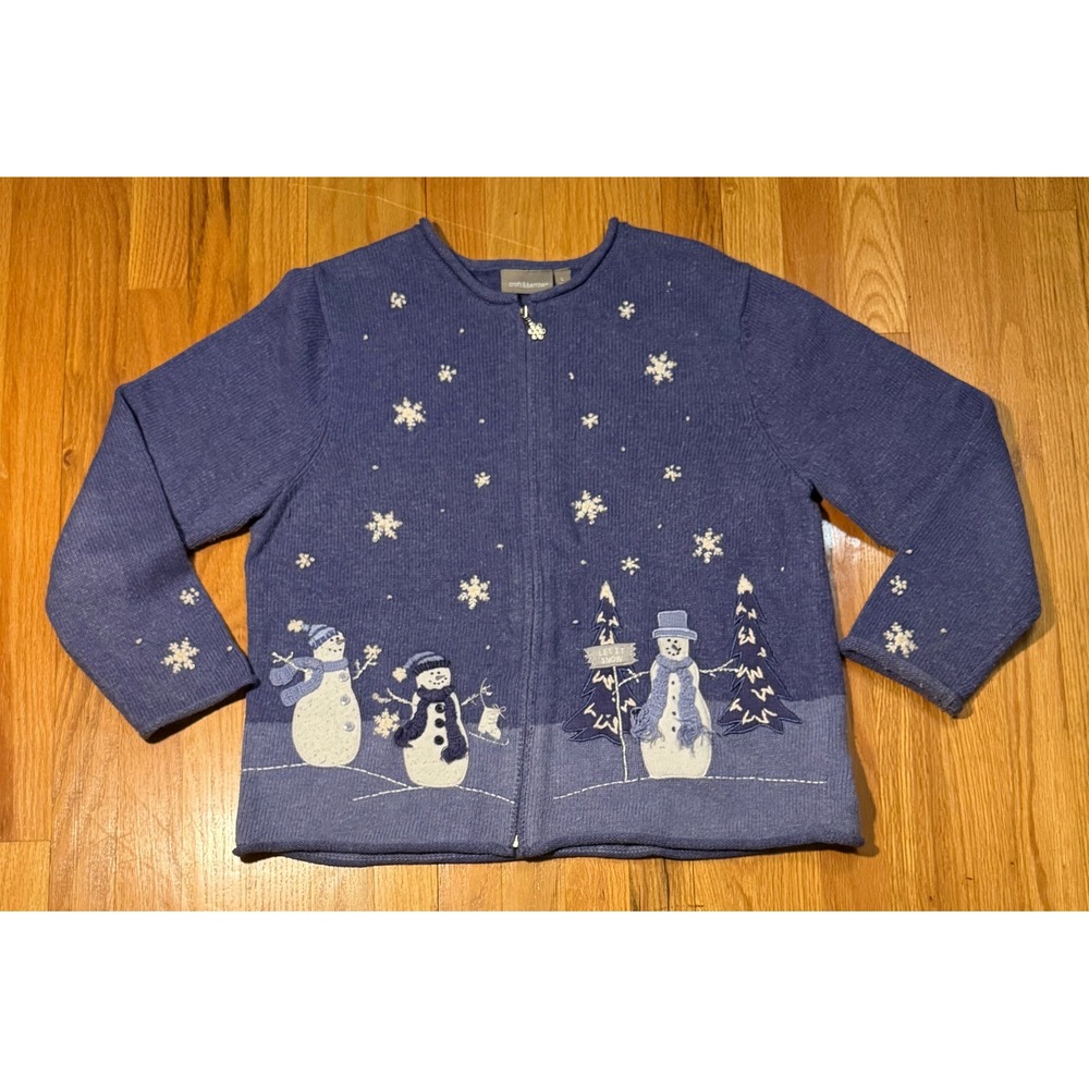 Croft & Barrow Snowman Winter Full Zip Cardigan Sweater Blue Womens Large
